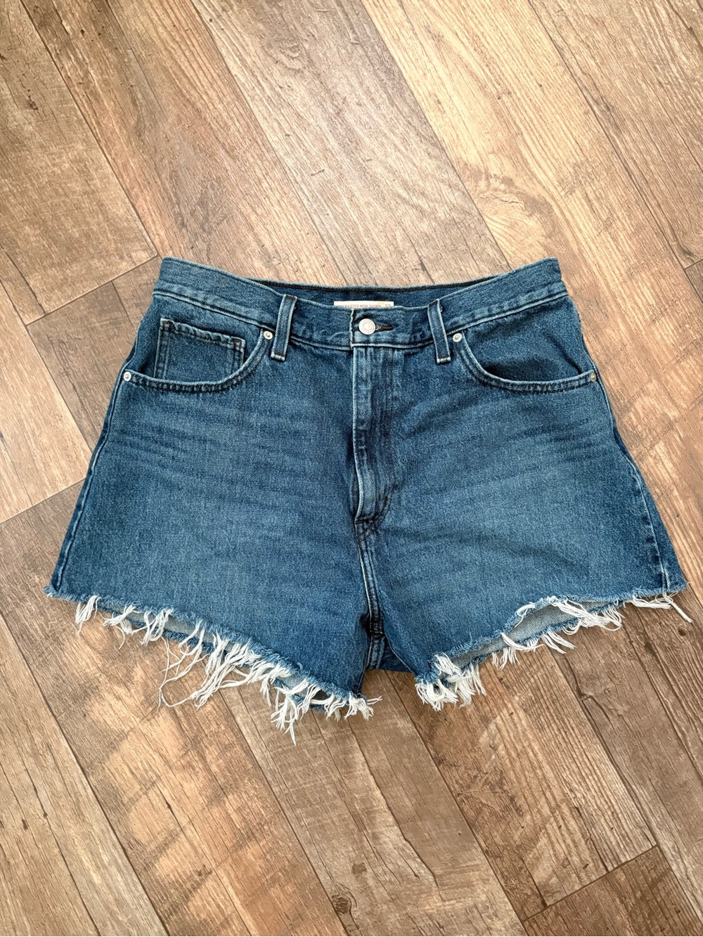 High-Rise Frayed Hem Denim Shorts - Blue
